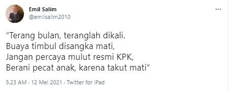 Puisi Emil Salim sindir KPK (Twitter/emilsalim2010)