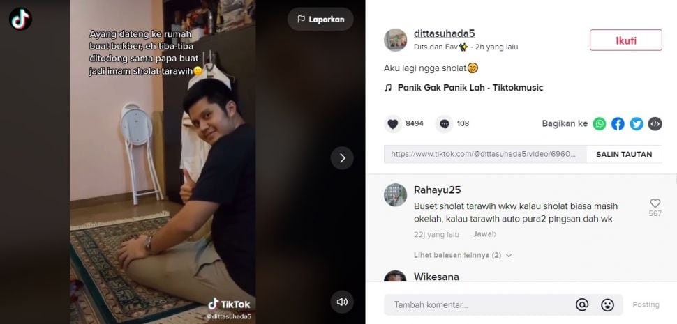 Pria Ini Panas Dingin Disuruh Ayah Pacar Jadi Imam Salat Tarawih. (TikTok/@dittasuhada5)