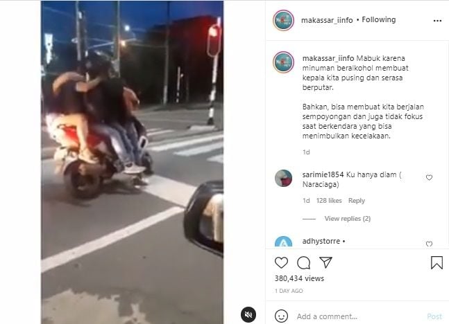 Viral Empat Orang Mabuk Desak-desakan Naik Motor, Ending Oleng Cium Aspal. (Instagram/@makassar_iinfo)