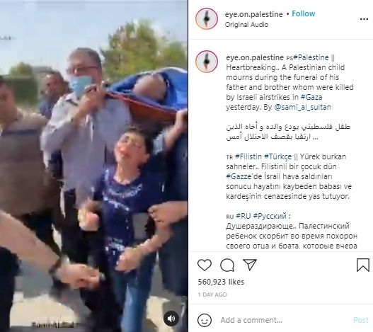 Video Pilu Anak Palestina Antar Jenazah Keluarga yang Tewas Diserang Israel. (Instagram/@eye.on.palestine)