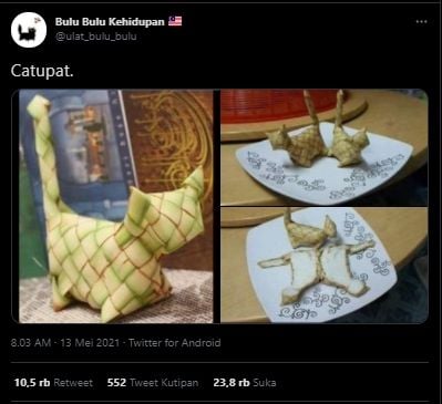 Ketupat berbentuk kucing. (Twitter/@ulat_bulu_bulu_)