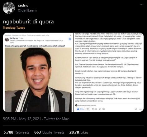 Viral Sifat Asli Olga Syahputra Terbongkar. (Twitter/@defLeem)