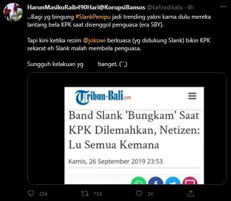 Tagar 'Slank Penipu' Jadi Trending Panen Kritik. (Twitter/@kafiradikalis)