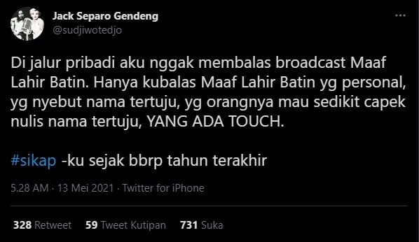 Cuitan Sujiwo Tejo soal Hari Raya Idulfitri (Twitter).