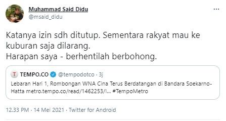 Said Didu soroti WNA China terus masuk RI saat rakyat dilarang ke kuburan (Twitter/msaid_didu)