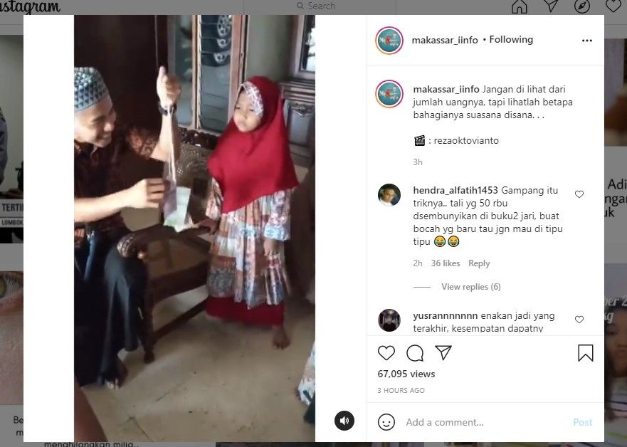 Cara unik bagi-bagi THR pakai mainan cabut benang (IG/makassar_iinfo)