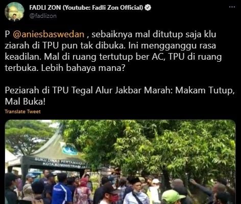 Cuitan Fadli Zon Kritik Penutupan TPU Untuk Ziarah. (Twitter/@fadlizon)