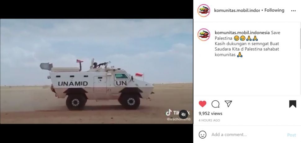 Mobil tempur Indonesia yang disebut lagi jaga perdamaian di Palestina. (Instagram)