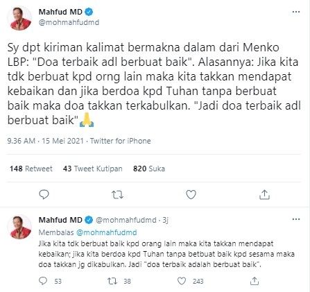 Mahfud MD dapat kiriman kalimat bermakna dari Luhut (Twitter/mohmahfudmd)