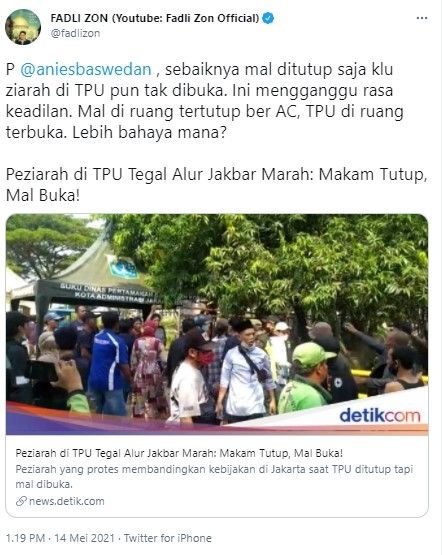 Fadli Zon desak mal ditutup disaat ziarah makam dilarang (Twitter/fadlizon)