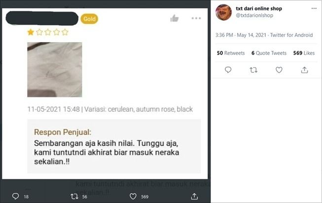 Emosi Dapat Ulasan Buruk, Balasan Penjual Ini Bikin Ngeri Bawa-Bawa Neraka. (Twitter/@txtdarionlshop)