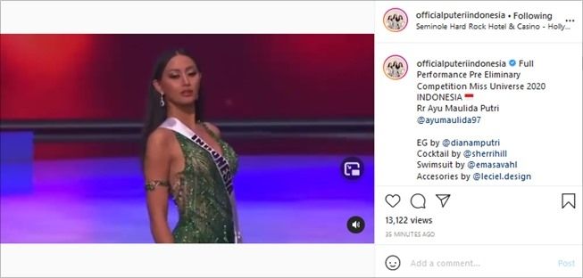 Gaun malam RR Ayu Maulida Putri di Miss Universe 2020. (Instagram/@officialputeriindonesia)