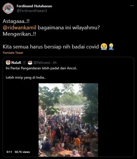 Cuitan Ferdinand Sentil Ridwan Kamil Soal Pantai Pangandaran. (Twitter/@FerdinandHaean3)