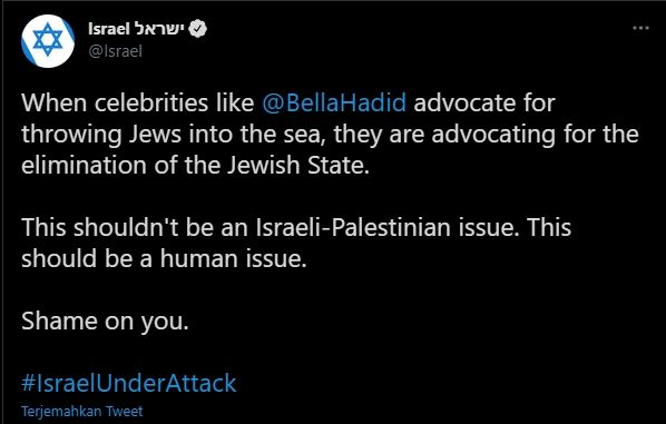 Cuitan akun Israel untuk Bella Hadid (Twitter).