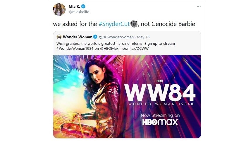 Cuitan mantan bintang film porno, Mia Khalifa yang menyindir aktris Israel, Gal Gadot sebagai Genocide Barbie. [Twitter/miakhalifa]