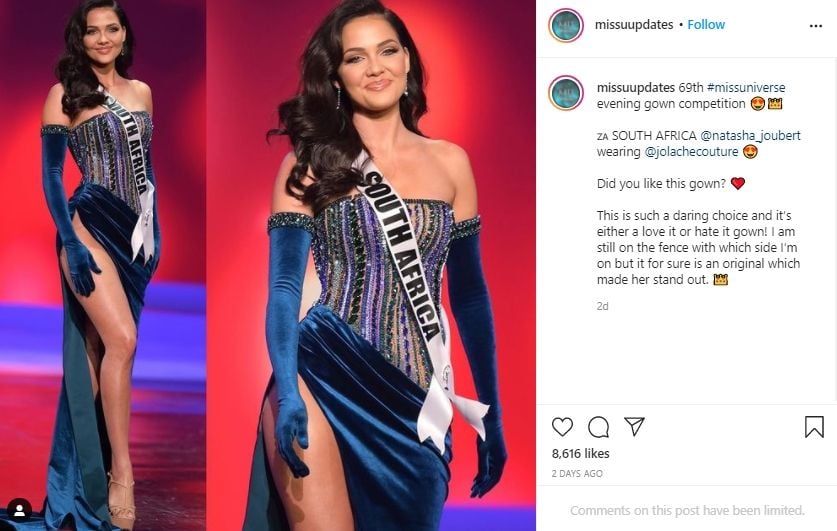 Gaun malam paling curi perhatian di Miss Universe 2020 - Afrika Selatan. (Instagram/missuupdates)