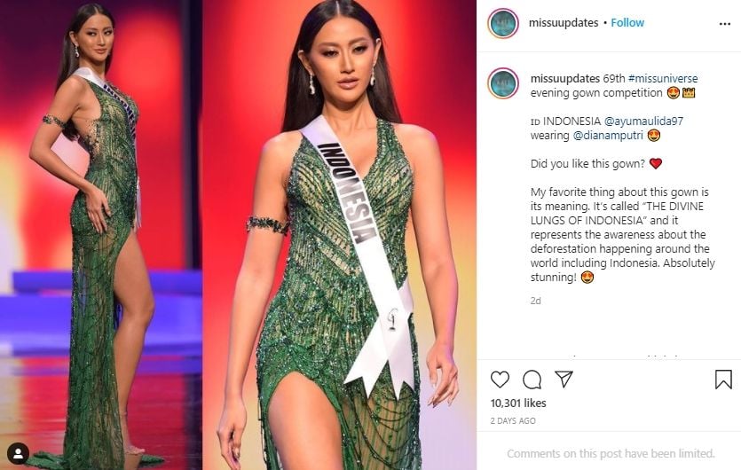 Gaun malam paling curi perhatian di Miss Universe 2020 - Indonesia. (Instagram/missuupdates)