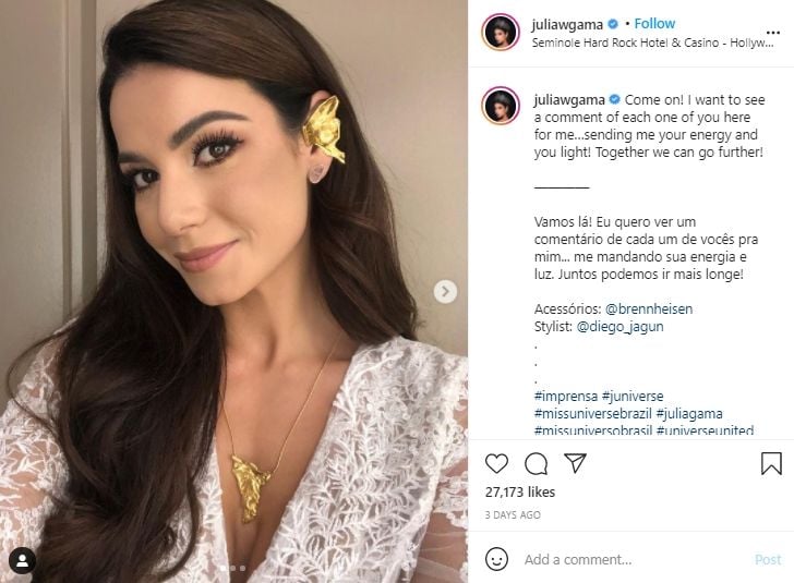 Potret Julia Gama di Miss Universe 2020. (Instagram/juliawgama)