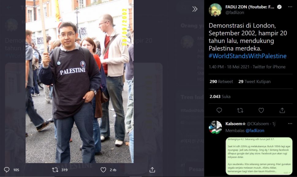 Fadli Zon bagikan foto lawas bela Palestina (Twitter).