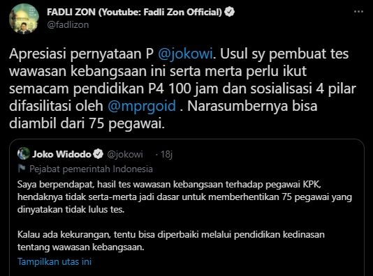 Fadli Zon beri apresiasi Jokowi soal hasil TWK pegawai KPK. (Twitter/FadliZon)