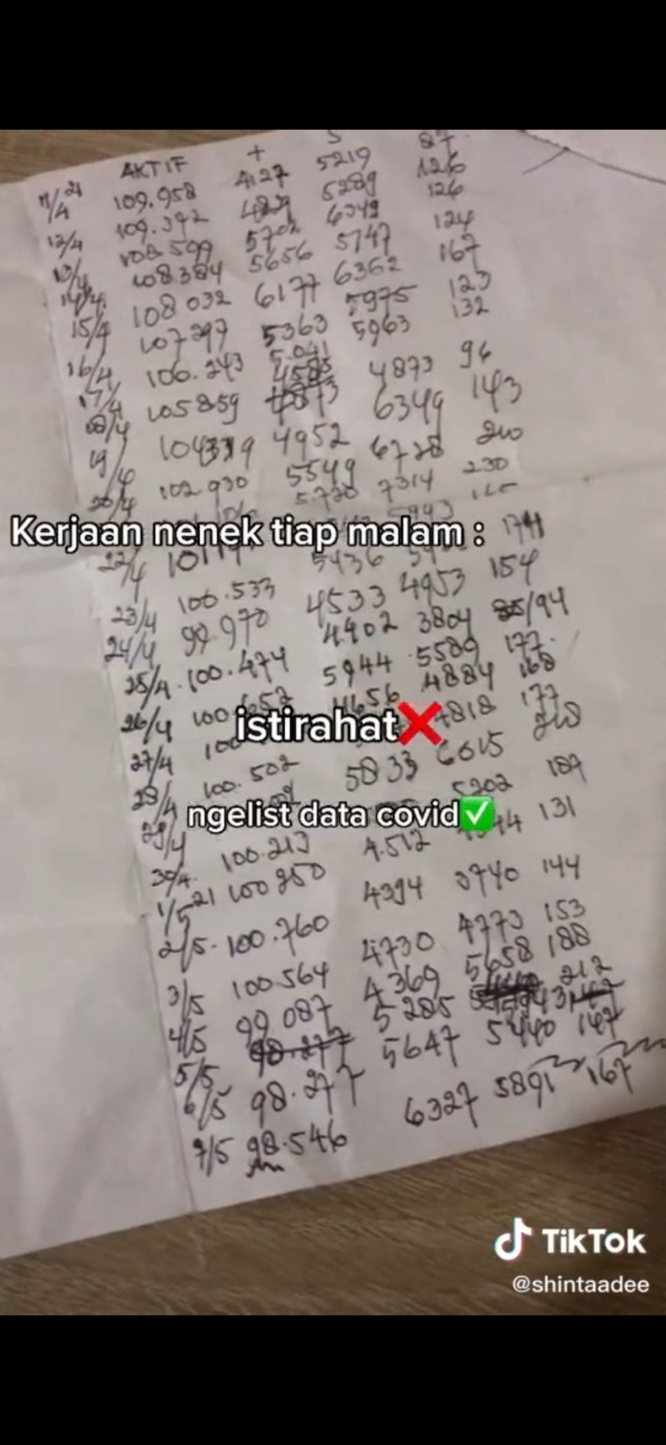 Unik, Nenek Ini Tulis Data Kasus Covid-19 Setiap Malam Selama Setahun! (Dok: TikTok/@shintaadee)