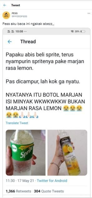 Gegara botol sirup, ayah warganet buat soda campur minyak (Twitter @FFOODFESS)