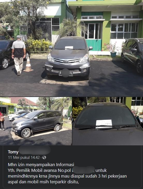 Viral Avanza parkir berhari-hari saat ada perbaikan jalan. (Facebook)