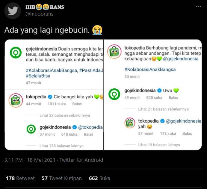 Viral percakapan Gojek dan Tokopedia, bikin warganet insecure (Twitter).