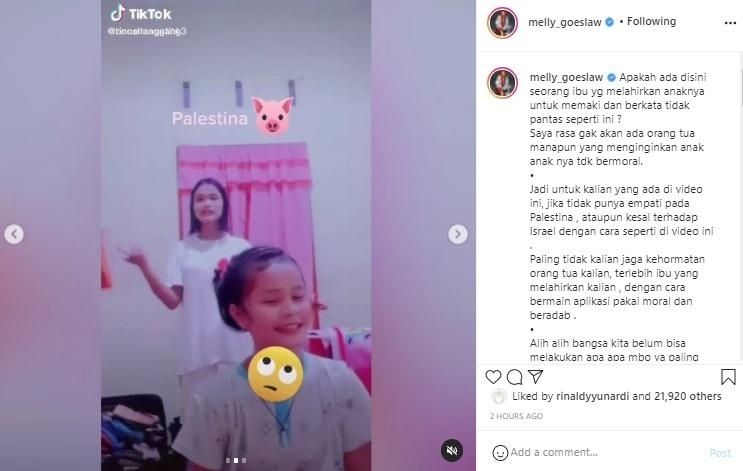 Melly Goeslaw geram lihat video TikTok hina Palestina. [Instagram Melly Goeslaw]