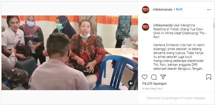 Anak Hina 'Palestina Babi, Mari Kita Bantai', Ibu Terisak Meminta Maaf (Instagram/infokomando).