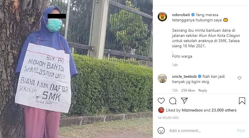 Wanita minta bantuan untuk biaya sekolah anaknya. (Instagram/@ndorobeii)