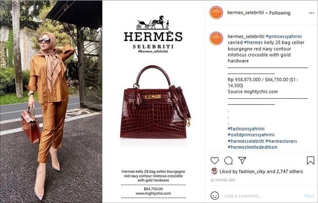 Syahrini Pamer OOTD Cantik, Baju Ratusan Ribu tapi Tasnya Nyaris Rp1 Miliar. (Instagram/@hermes_selebritii)