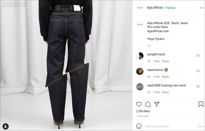 Kelewat unik, desain celana jeans ini bikin publik gagal paham. (Instagram/@leje.official)