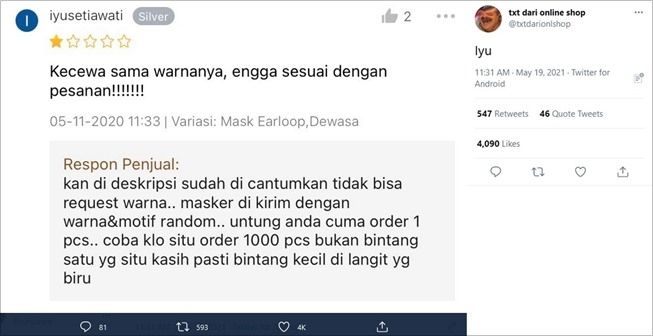 Skakmat Pembeli yang Ngegas, Balasan Penjual Ini Sukses Bikin Terhibur. (Twitter/@txtdarionlshop)