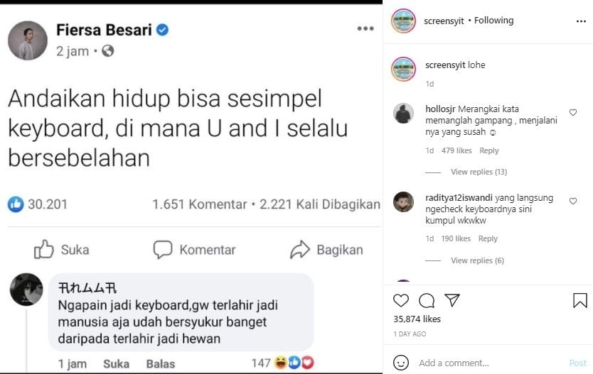 Fiersa Besari Mimpi Hidup Bak Keyboard. (Instagram/@screensyit)