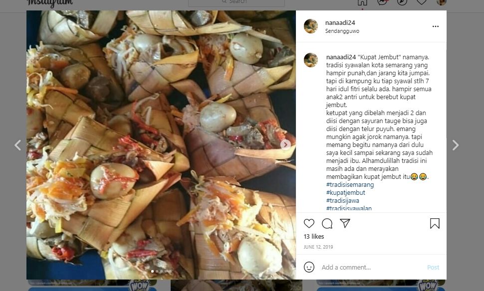 Mengenal Kupat Jembut, Hidangan Lebaran Khas Semarang yang Menggugah Selera. (Instagram/@nanaadi24)