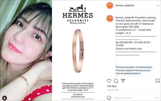 Detal harga gelang mewah Via Vallen. (Instagram/@hermes_selebritii)