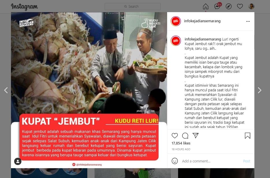 Mengenal Kupat Jembut, Hidangan Lebaran Khas Semarang yang Menggugah Selera. (Instagram/@infokejadiansemarang)