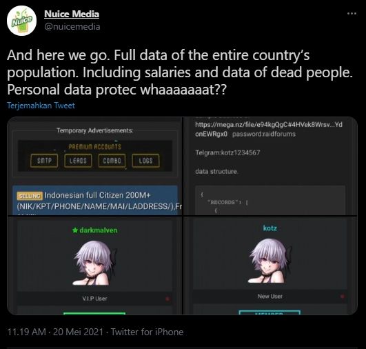 Data pribadi dijual bebas di internet. (Twitter/@nuicemedia)