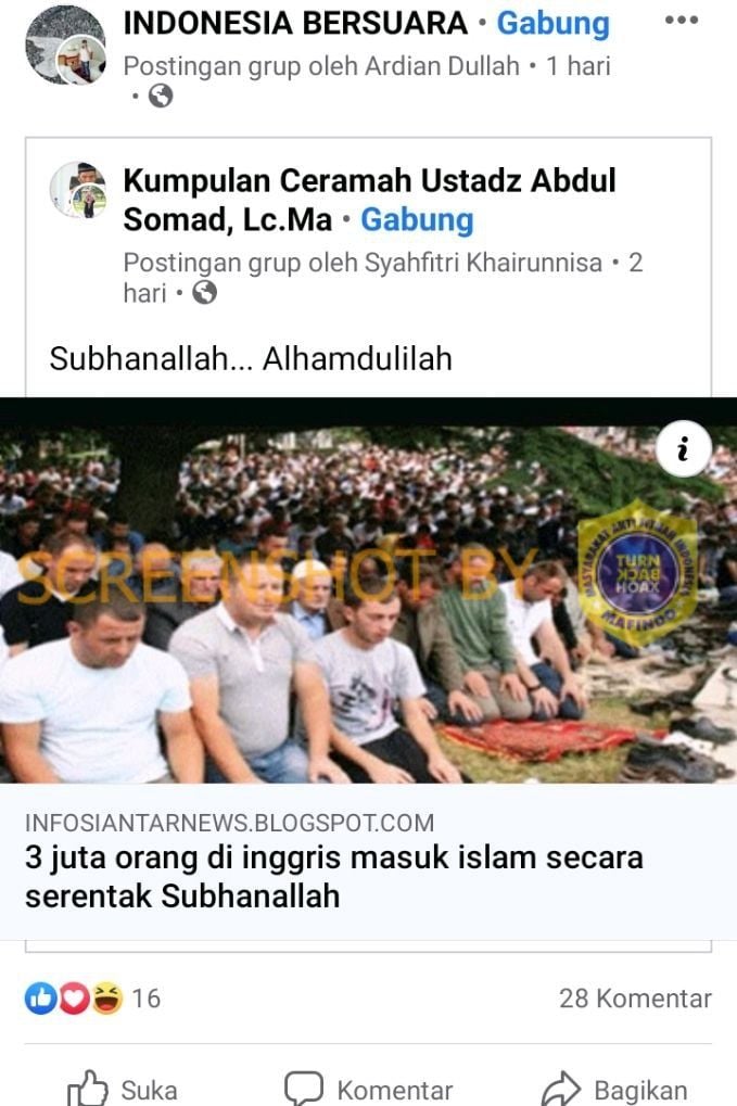 Cek Fakta: Benarkah 3 Juta Orang Inggris Masuk Islam Secara Serentak? (Turnbackhoax.id)