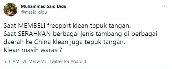 Cuitan eks Sekretaris Kementerian BUMN Muhammad Said Didu. [Twitter@msaid_didu]