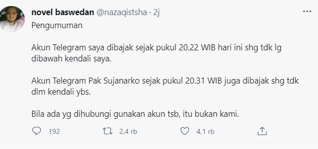 Tangkapan layar cuitan penyidik KPK Novel Baswedan yang mengaku akun Telegram miliknya diretas. (Twitter).