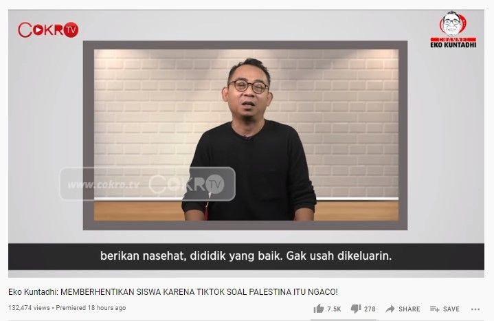 Komentar Eko Kuntadhi soal siswi penghina Palestina dikeluarkan sekolah (youtube/cokrotv)