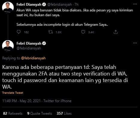 WhatsApp Febri Diansyah Tak Bisa Diakses. (Twitter/@febridiansyah)