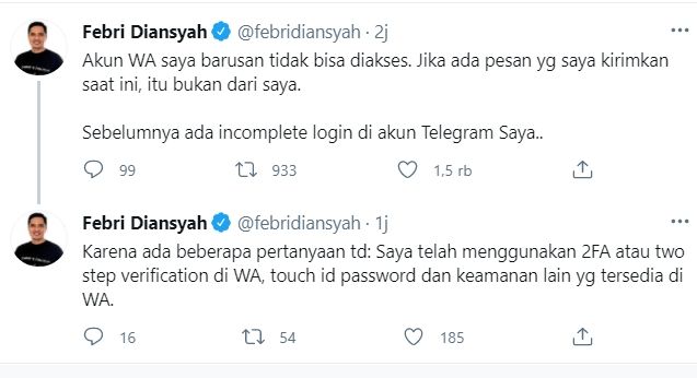 Tangkapan layar cuitan eks Jubir KPK Febri Diansyah yang mengaku akun WhatsApp pribadinya diretas. (Twitter)