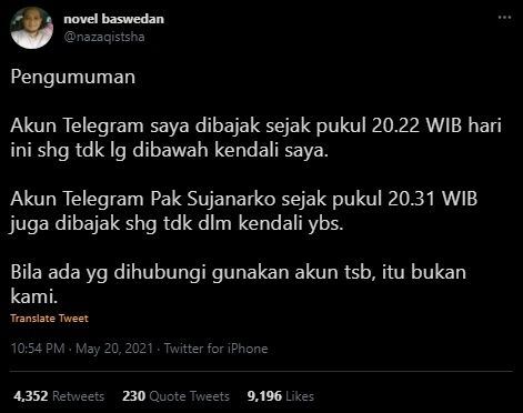 Telegram Novel Baswedan Dibajak. (Twitter/@nazaqistsha)