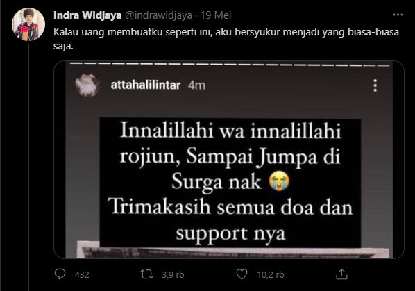 Cuitan Indra Wijdaya soal konten Atta Halilintar dan Aurel Hermansyah (Twitter).