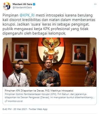 Mardani minta Firli Bahuri CS intropeksi (Twitter/mardanialisera)