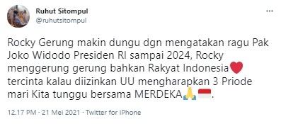 Rocky Gerung disindir Ruhut gegara ragu Jokowi sampai 2024 (Twitter/ruhutsitompul)