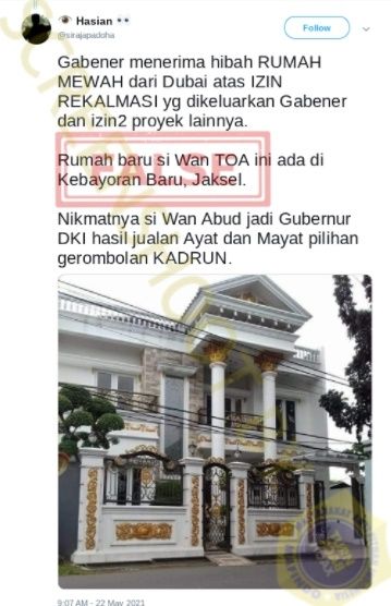 CEK FAKTA Gubernur DKI Diberi Hadiah Rumah Mewah dari Dubai. (Turnbackhoax.id)